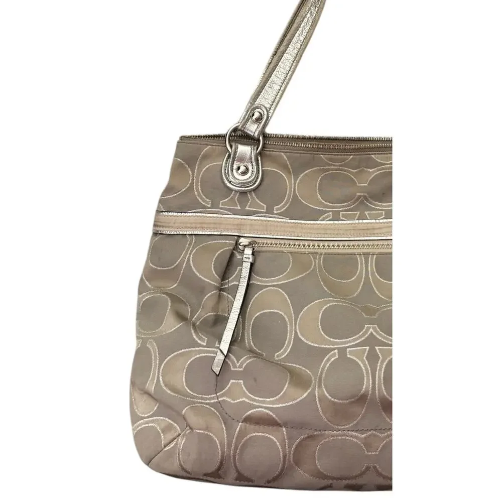 Coach Metallic Signature Jacquard Satchel Champagne Silver Tote Bag Purse - Picture 3 of 8